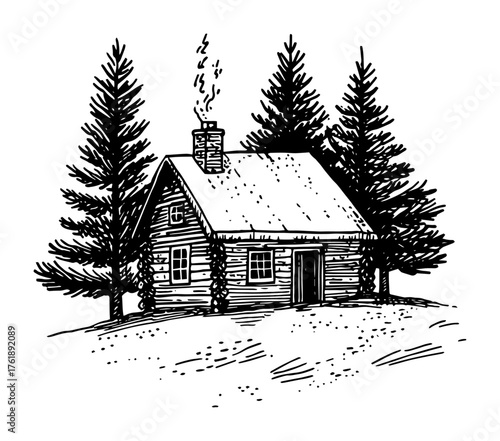 Log cabin in pine forest with smoking chimney hand drawn vintage vector illustration