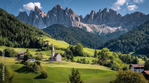 Mountain valley view of green fields and old church, topped with majestic mountains