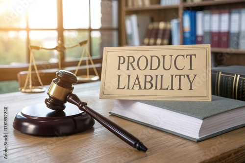 Gavel Displays Product Liability Sign in Legal Office Setting