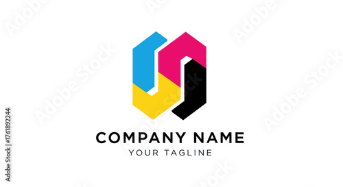 Abstract CMYK Hexagon Logo Design with Company Name Placeholder.