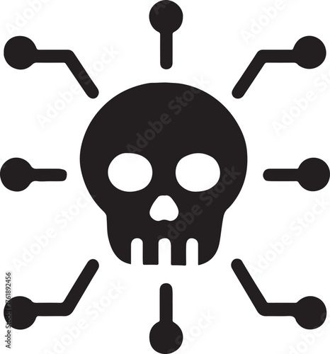 Cyber attack with skull icon, vector symbol for hacking, malware, danger, and digital threat.