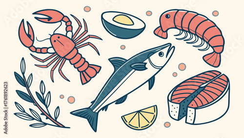 A bold, stylized illustration of seafood items including lobster, shrimp, fish, fish steak, egg, lemon wedge, and herbs perfect for culinary or marine-themed visuals.