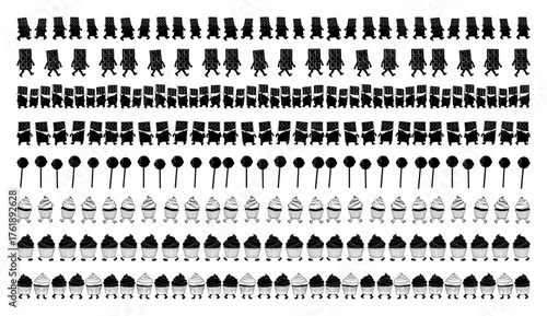 Hand drawn candy borders with chocolate bars lollipops and cupcakes repeating seamless pattern black and white vector set