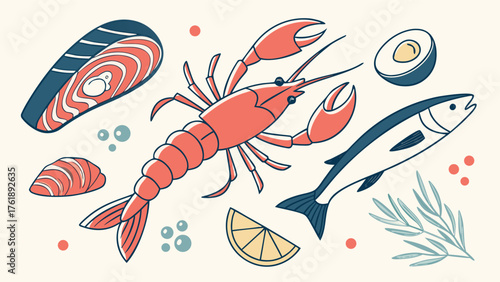 A colorful flat-style illustration of various seafood items. Includes lobster, crab, shrimp, squid, fish, salmon steak, sushi, mussel, lemon slice, seaweed, and fish roe.