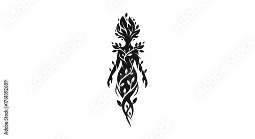 Stylized silhouette of a female figure adorned with leaves and vines.