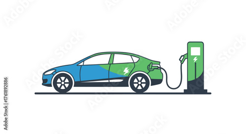 Electric Car Charging at Green Station Illustration.