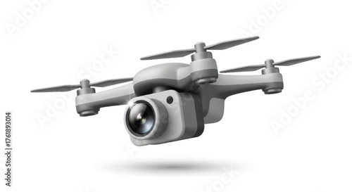 A white quadcopter drone with a camera mounted underneath captured in mid-flight.