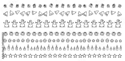 Christmas doodle border brushes set with gifts bells snowmen wreaths baubles candles and stars seamless vector collection