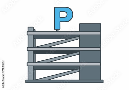 Multi level parking garage structure with a blue P sign icon.