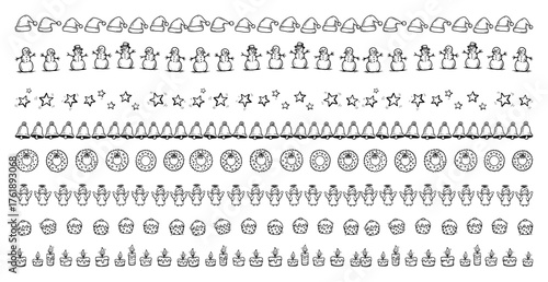 Santa hats snowmen stars bells wreaths angels baubles and candles — seamless christmas border brushes vector set