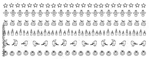 Hand drawn Christmas borders with stars angels baubles candles robins and wreaths repeating seamless pattern black and white vector set