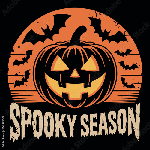 Retro Vintage Halloween T Shirt Design Spooky Season. Distressed Jack O Lantern and Bats Graphic. Spooky Season Jackolantern Sunset T-Shirt Art. Spooky Season Retro Halloween Design. 