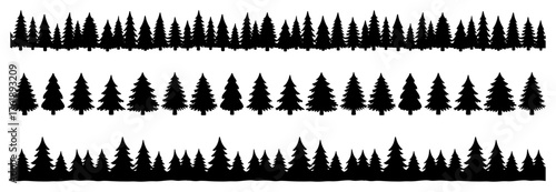 Silhouette Pine Tree Forest Borders Seamless Pattern Set Winter Landscape Vector Illustration