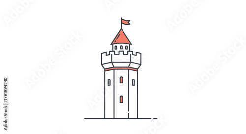 Medieval Castle Tower with Red Tiled Roof and Flag.