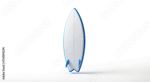 White surfboard with blue trim and fins standing upright.