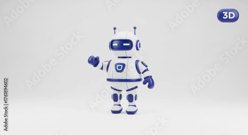 Adorable 3D rendered robot with blue accents waving hello.