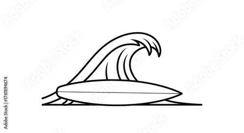 Stylized Line Art Illustration of a Surfboard Riding a Wave.