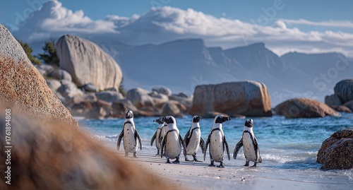 Group of penguins waddle on sandy beach towards ocean under a bright sky, boulders surround