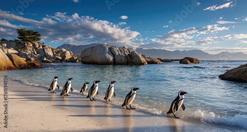 Seven penguins walk along a white sandy beach with rocks and mountains in the background