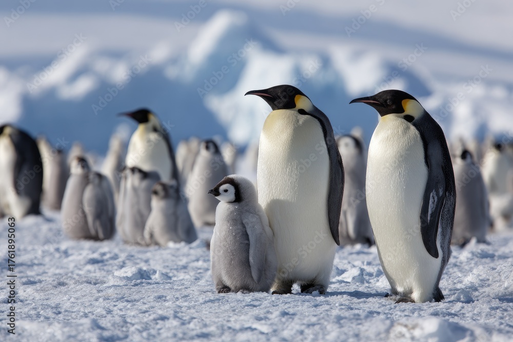 Fototapeta premium A group of penguins, including adults and fluffy chicks, stand in a snowy Antarctic environment