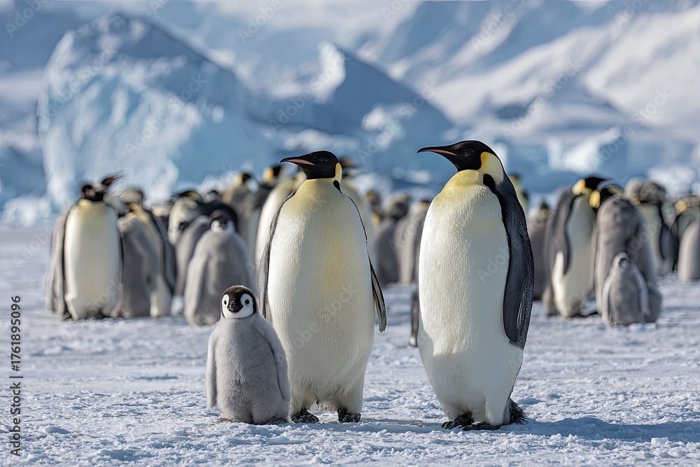 Fototapeta premium A colony of Emperor penguins, adults and chicks, standing on a snowy Antarctic landscape