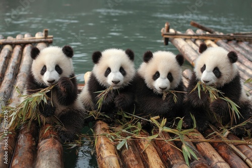 Four adorable giant pandas, enjoying bamboo. They sit on a bamboo raft over calm water