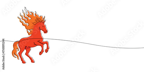 Continuous line drawing of a red horse with flaming mane symbolizing the year 2026. Minimal vector illustration for New Year zodiac or calendar design and print