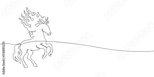 Continuous line drawing of a flaming horse symbol representing the year 2026. Minimal one line illustration for Chinese zodiac, New Year, and calendar design concept