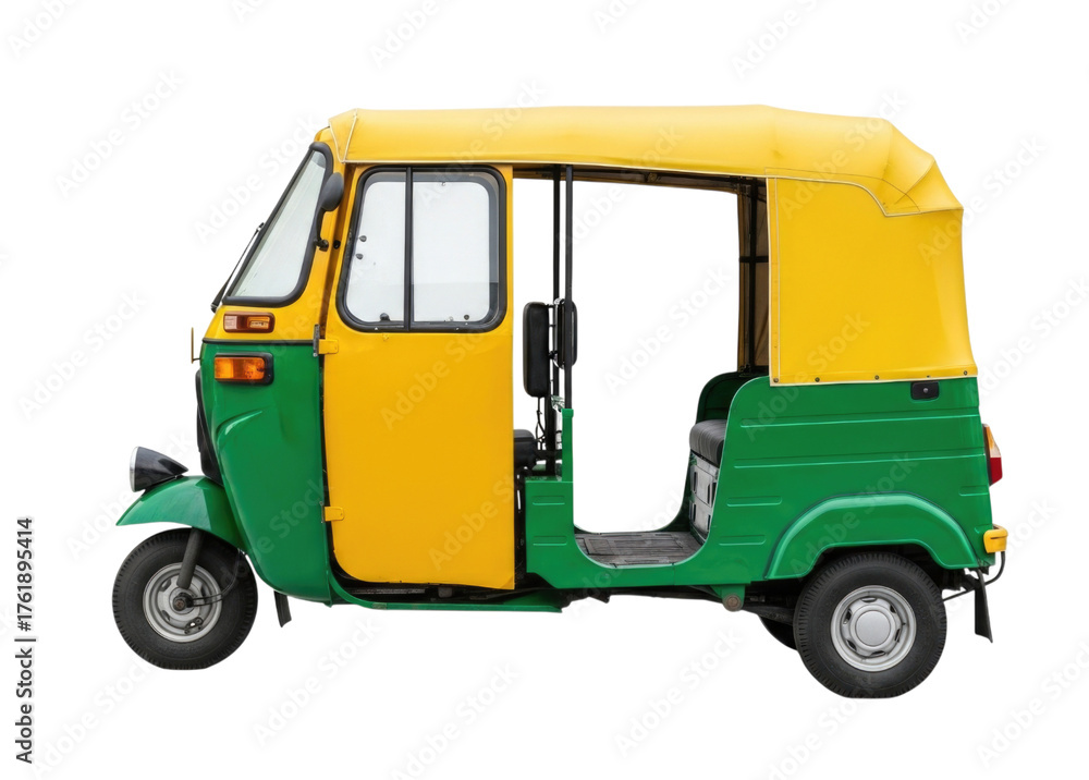 Fototapeta premium Green and yellow auto rickshaw transparent background cutout png