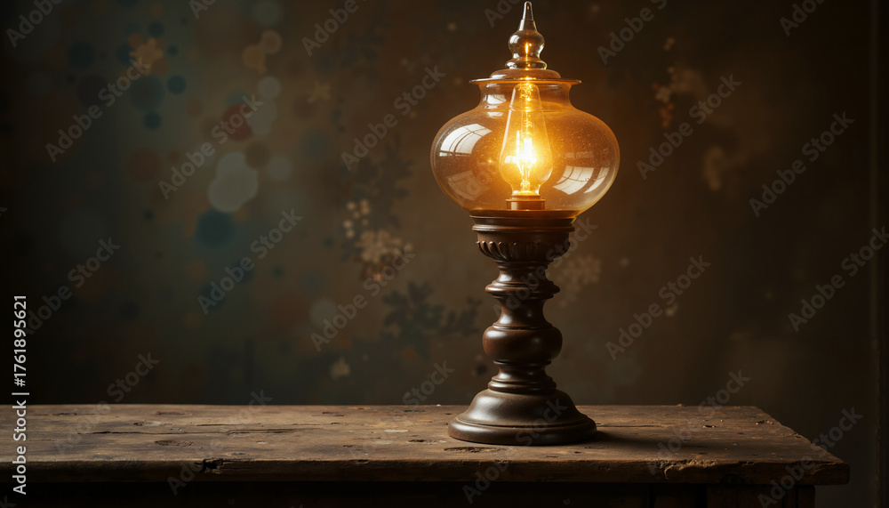 Naklejka premium Antique lamp glowing softly on wooden table with dark background 