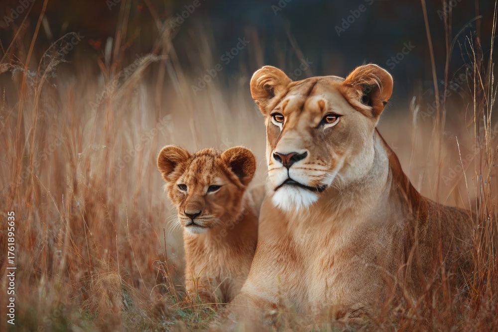 Fototapeta premium Lioness and cub pose in tall, sun-kissed grasses, showing maternal bond, nature's elegance