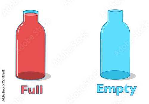Empty, full bottles. Opposite english words, adjectives. Red liquid, fruit juice in glass cup. Glossy, transparent with caps. wine, chemistry, syrup flasks. Vector illustration	