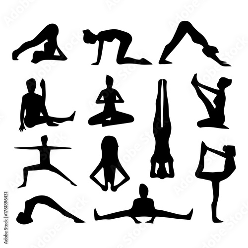 Collection of black yoga pose silhouettes on a white background