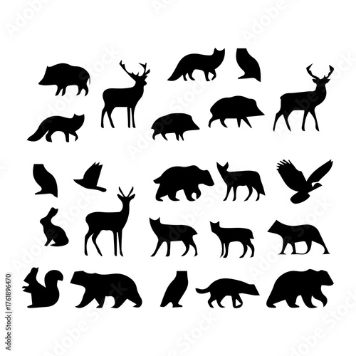 Collection of black silhouettes of wild forest animals and birds