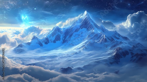 Majestic snow-capped mountain peak towering above clouds under a starry night sky