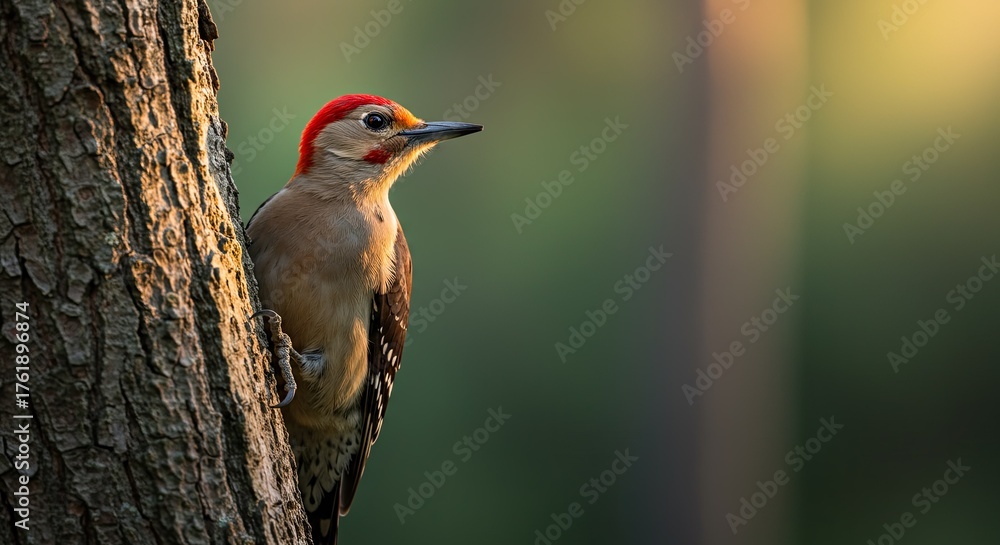 Fototapeta premium A captivating photograph showcases a red-headed woodpecker perched on a tree trunk with a