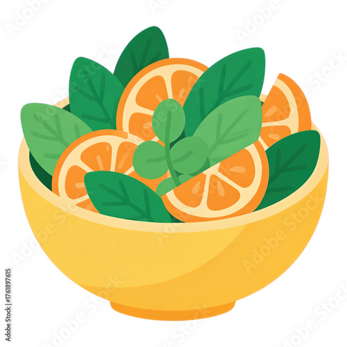 Yellow Orange Slices and Green Leaves in Bowl, Flat Design Illustration with Transparent Background