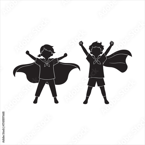 Superhero kids silhouette, children in capes, triumphant pose vector, black outline figures, playful hero concept, side view illustration, empowerment 