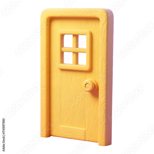 Yellow Wooden Door with Square Window, Glossy Finish on Transparent Background, 3D Realism Design Element