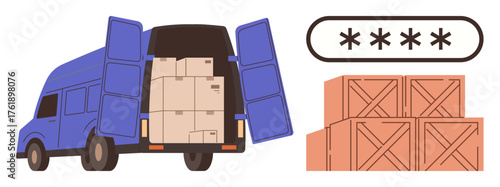 Blue delivery van loaded with cardboard boxes, adjacent wooden crates, and a password field. Ideal for logistics, e-commerce, shipping, security, supply chain, warehousing simple flat metaphor