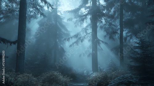 Misty forest landscape with tall trees, soft light rays filtering through foliage, serene atmosphere