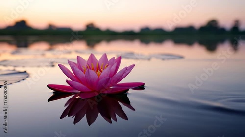 Serene Lotus Bloom at Sunset - A Tranquil Reflection on Water.