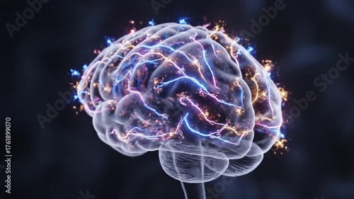 Glowing electrical impulses firing within a translucent human brain.