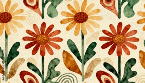 Retro Autumn Blooms - Seamless Floral Botanical Wallpaper