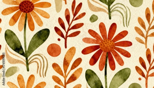 Retro Autumn Blooms - Seamless Floral Botanical Wallpaper