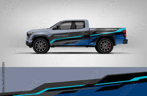 Gray pickup wrap with blue and teal angular motion lines for a futuristic and clean sporty look. Editable vector EPS format included.