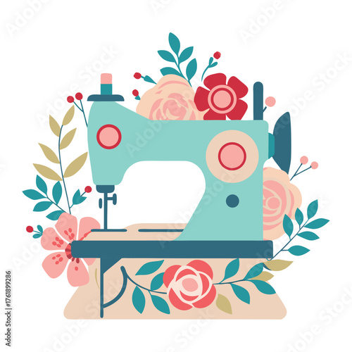 Vintage style sewing machine adorned with delicate flowers and lush greenery creating a whimsical and artistic composition for crafting and design