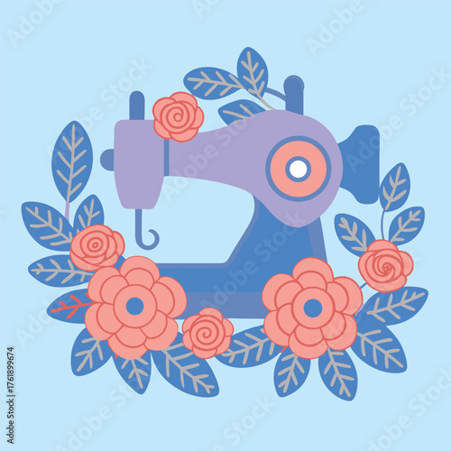 Charming vintage sewing machine illustration adorned with delicate coral pink roses and lush green leaves set against a soft pastel blue background evoking a sense of nostalgia and creativity