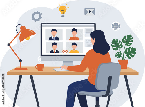 Young woman working remotely from home, attending an online video conference call with colleagues, showcasing modern virtual collaboration and digital communication for business