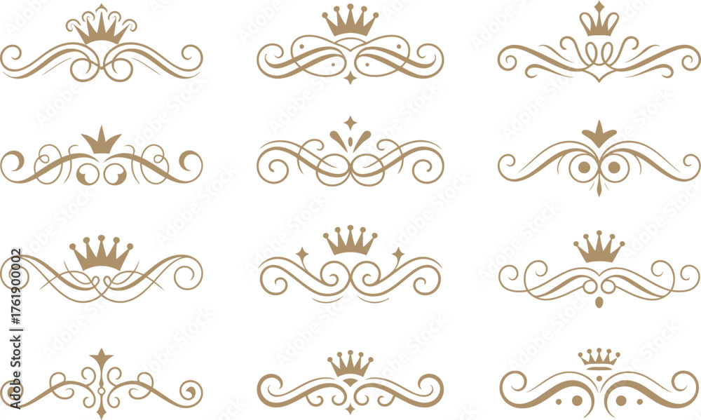 Naklejka premium Royal Divider Vector Set – Crown and Flourish Decorative Luxury Ornament Design Elements